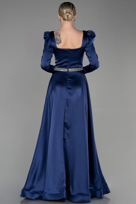 Long Navy Blue Satin Evening Dress ABU3316