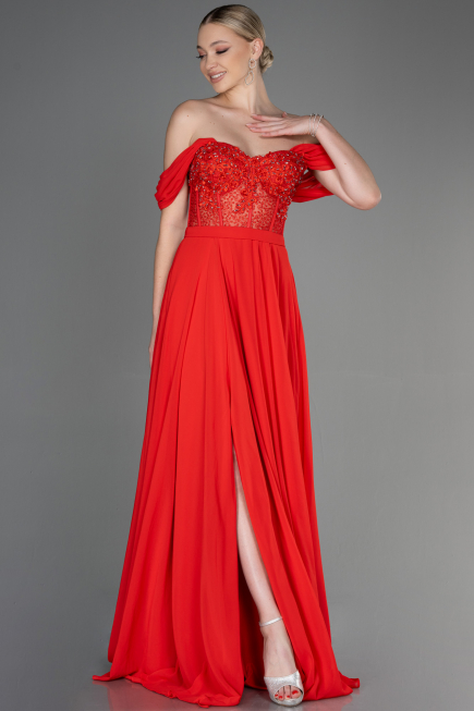 Long Pomegranate Flower Chiffon Evening Dress ABU3310