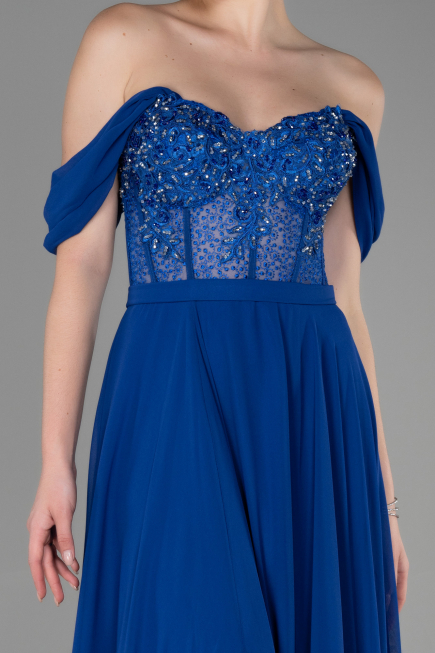 Long Sax Blue Chiffon Evening Dress ABU3310