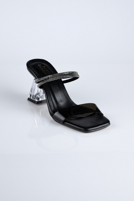 Black Leather Evening Heeled Slippers AB219