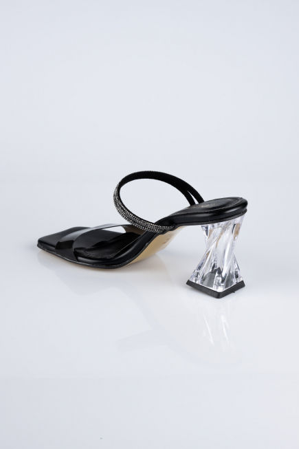 Black Leather Evening Heeled Slippers AB219
