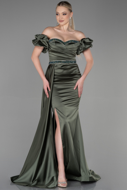 Long Olive Drab Satin Evening Dress ABU3331