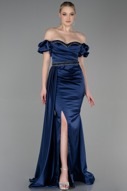 Long Navy Blue Satin Evening Dress ABU3331