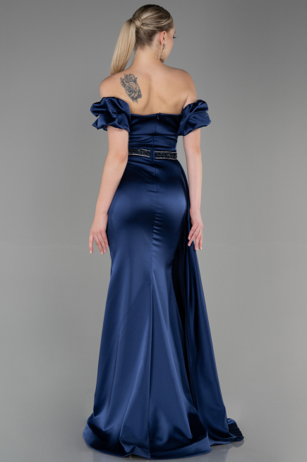 Long Navy Blue Satin Evening Dress ABU3331