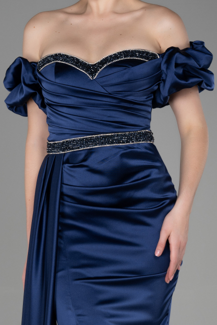 Long Navy Blue Satin Evening Dress ABU3331