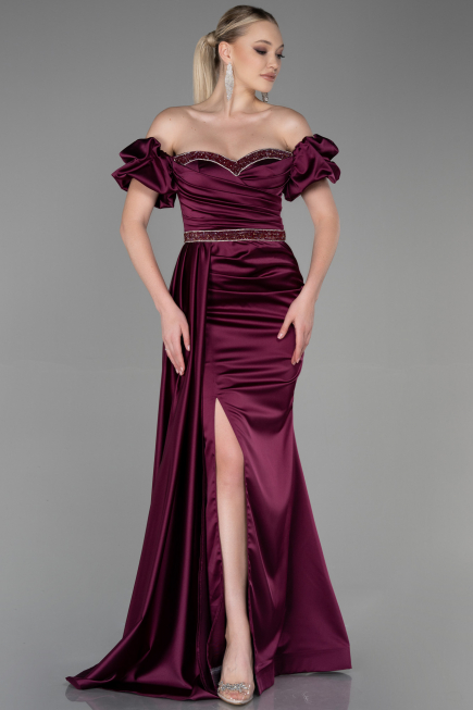 Long Cherry Colored Satin Evening Dress ABU3331