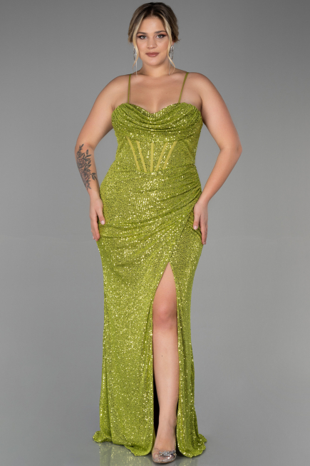 Long Pistachio Green Scaly Plus Size Evening Dress ABU3322