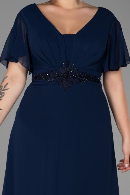 Long Navy Blue Chiffon Plus Size Evening Dress ABU2308