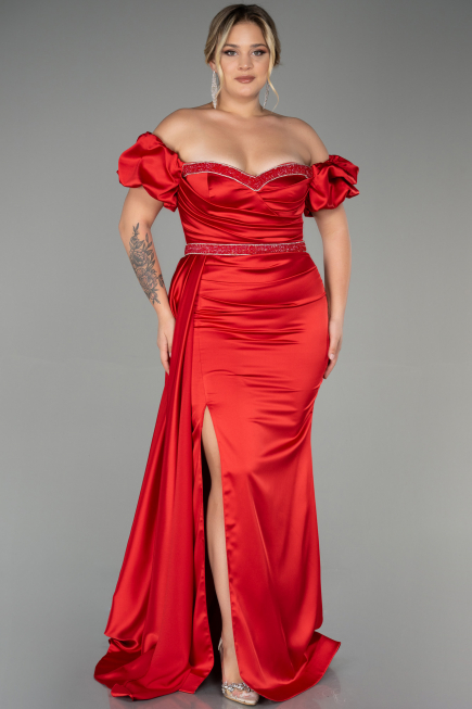 Long Red Satin Plus Size Evening Dress ABU3332