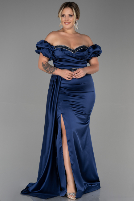 Long Navy Blue Satin Plus Size Evening Dress ABU3332