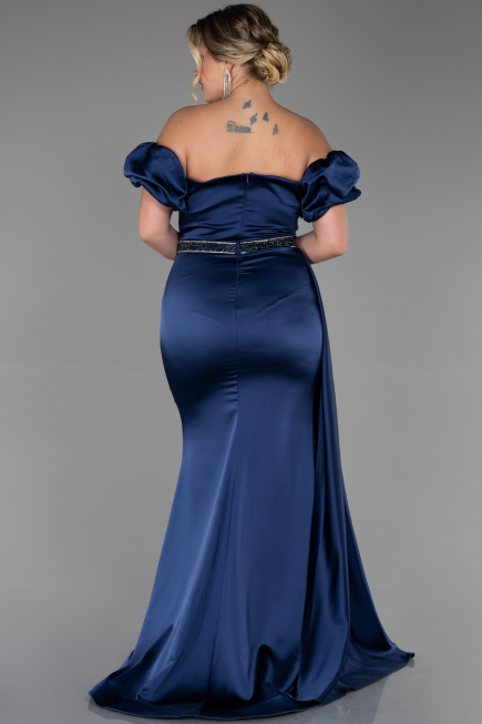 Long Navy Blue Satin Plus Size Evening Dress ABU3332