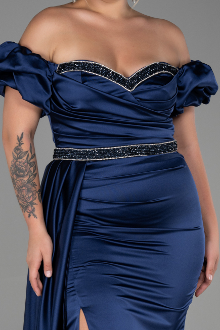 Long Navy Blue Satin Plus Size Evening Dress ABU3332