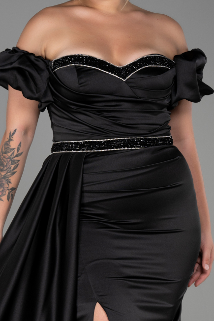 Long Black Satin Plus Size Evening Dress ABU3332