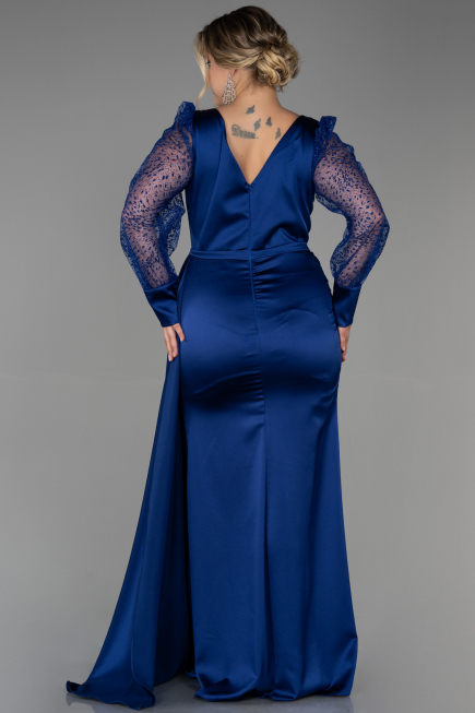 Long Navy Blue Satin Plus Size Evening Dress ABU2759
