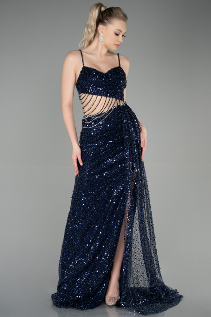 Long Navy Blue Scaly Haute Couture ABU3347