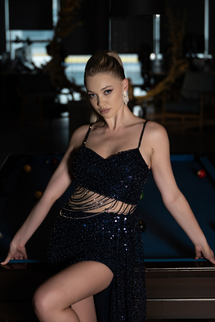Long Navy Blue Scaly Haute Couture ABU3347