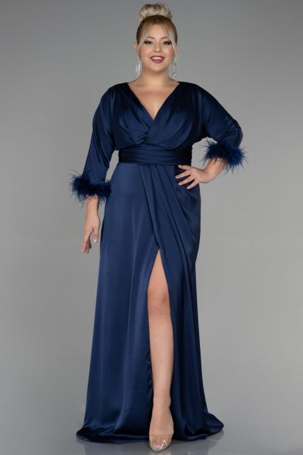 Long Navy Blue Satin Plus Size Evening Dress ABU3367