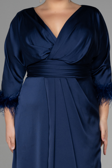 Long Navy Blue Satin Plus Size Evening Dress ABU3367