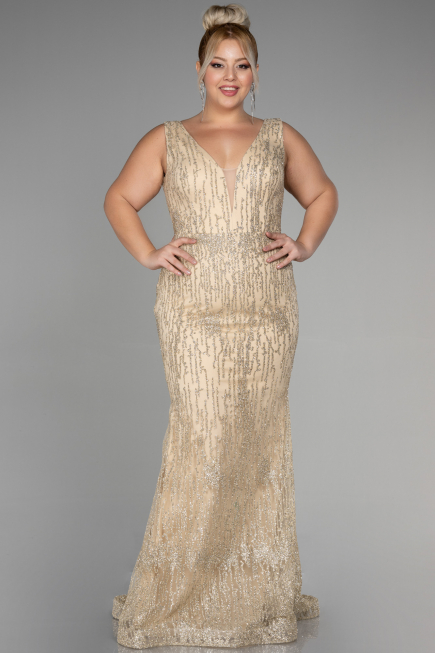 Long Gold Plus Size Engagement Dress ABU3368