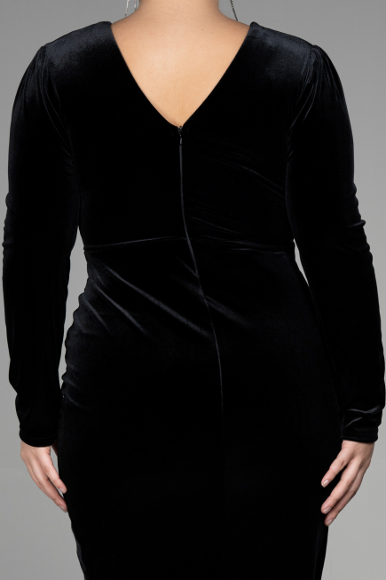 Midi Black Velvet Velvet Oversized Evening Dress ABK1875