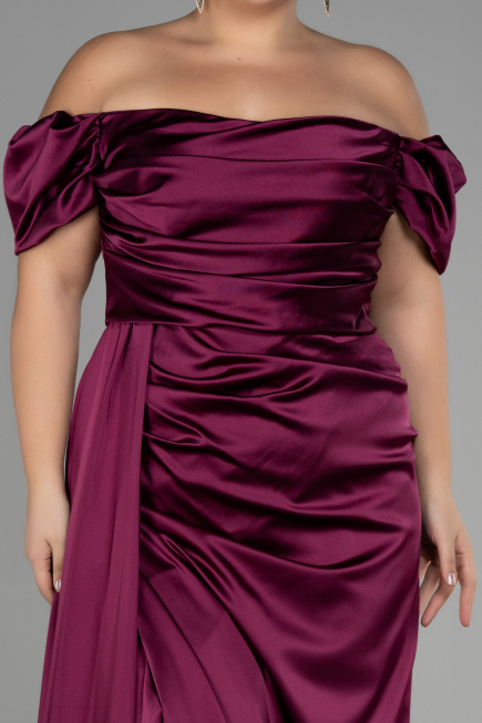 Cherry Colored Long Satin Plus Size Evening Dress ABU1626