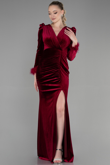 Long Burgundy Velvet Mermaid Prom Dress ABU3393
