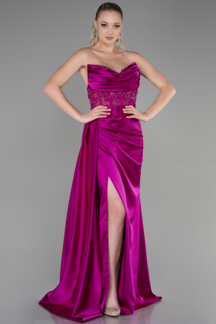 Fuchsia Long Satin Evening Dress ABU3376