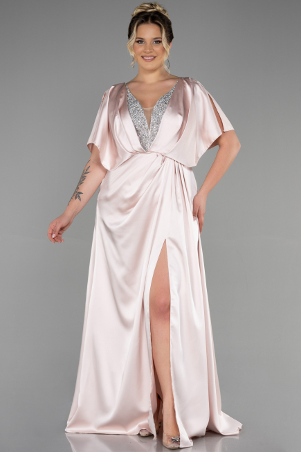 Long Beige Satin Plus Size Engagement Dress ABU3442