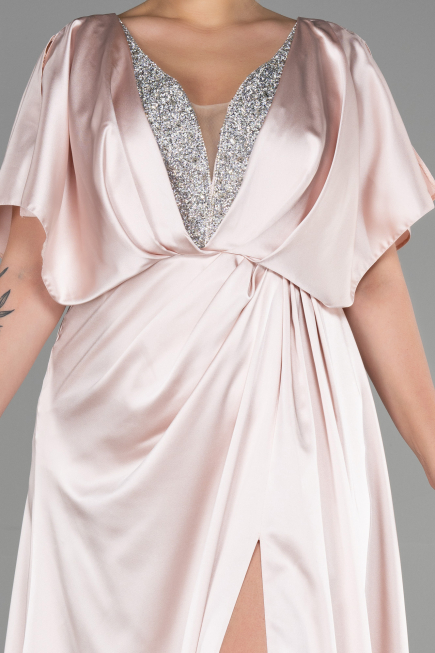 Long Beige Satin Plus Size Engagement Dress ABU3442