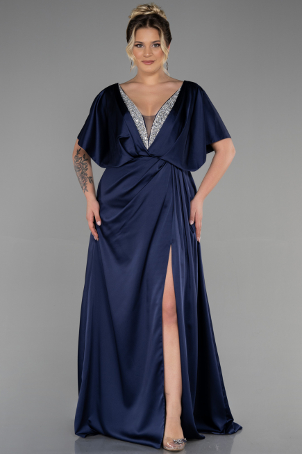 Long Navy Blue Satin Plus Size Engagement Dress ABU3442
