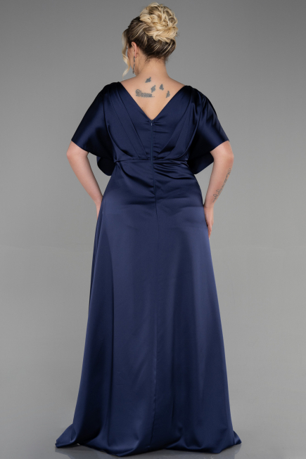 Long Navy Blue Satin Plus Size Engagement Dress ABU3442