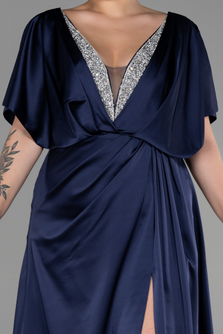 Long Navy Blue Satin Plus Size Engagement Dress ABU3442