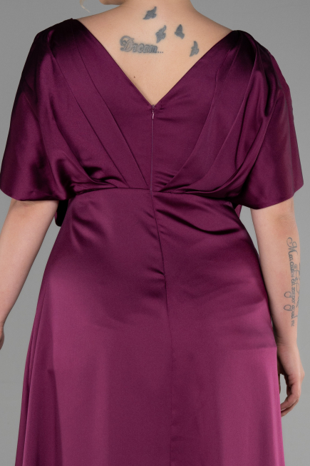 Long Cherry Colored Satin Plus Size Engagement Dress ABU3442