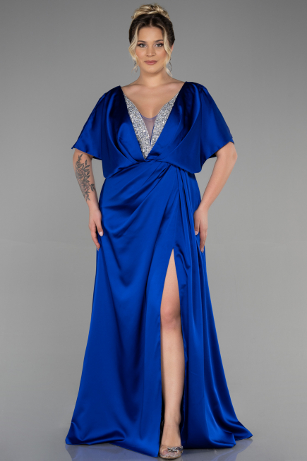 Long Sax Blue Satin Plus Size Engagement Dress ABU3442