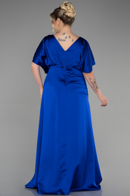 Long Sax Blue Satin Plus Size Engagement Dress ABU3442
