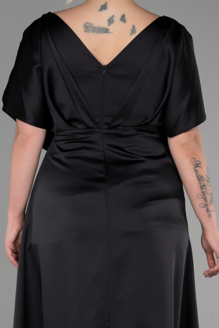 Long Black Satin Plus Size Engagement Dress ABU3442