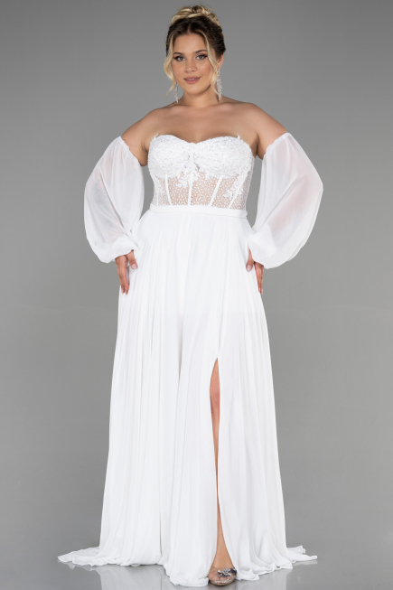 White Long Chiffon Plus Size Evening Dress ABU3380