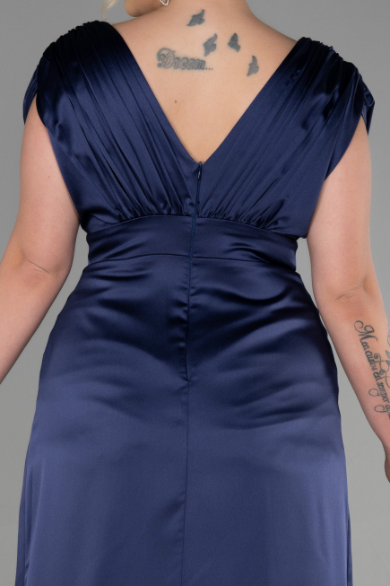 Long Navy Blue Satin Plus Size Engagement Dress ABU3433