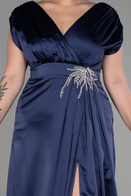 Long Navy Blue Satin Plus Size Engagement Dress ABU3433