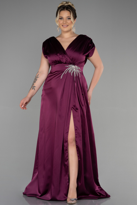 Long Plum Satin Plus Size Engagement Dress ABU3433