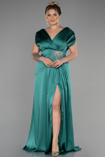 Long Emerald Green Satin Plus Size Engagement Dress ABU3433