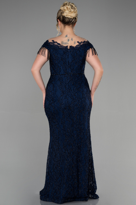 Long Navy Blue Laced Plus Size Evening Dress ABU3435