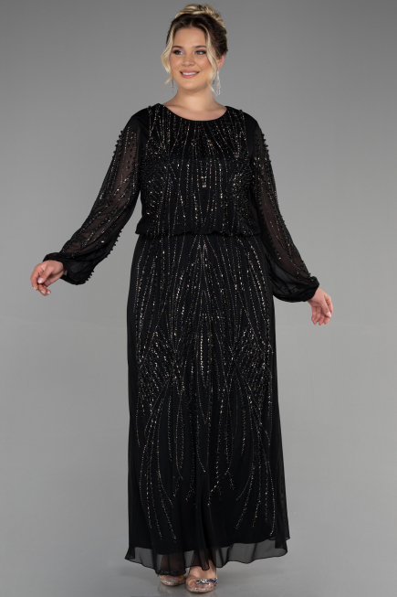 Long Black Stony Plus Size Evening Dress ABU3436