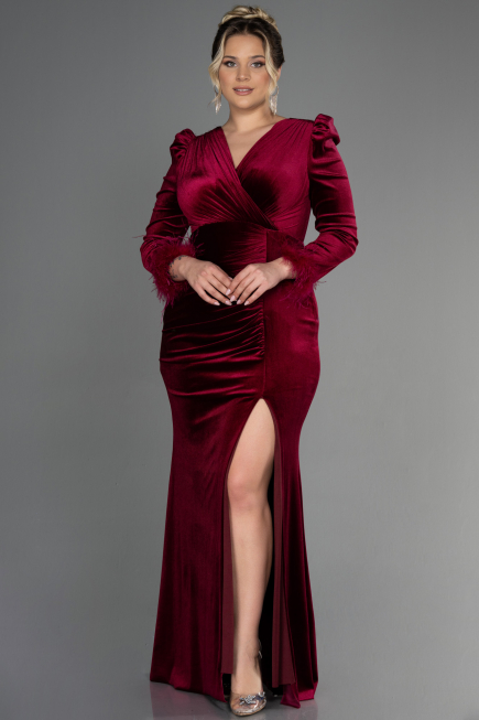 Long Burgundy Velvet Velvet Oversized Evening Dress ABU3394