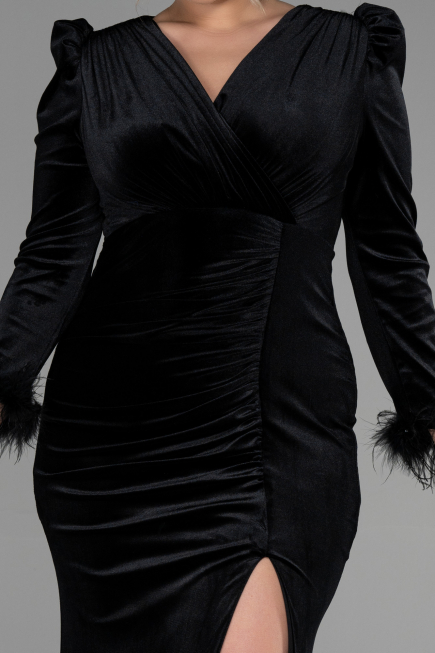 Long Black Velvet Velvet Oversized Evening Dress ABU3394