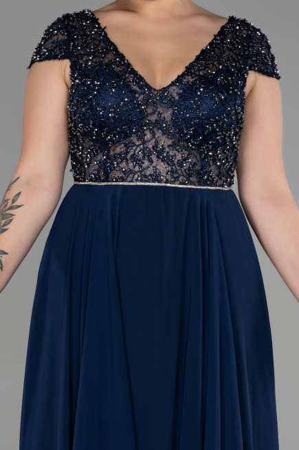 Long Navy Blue Chiffon Plus Size Evening Dress ABU3441
