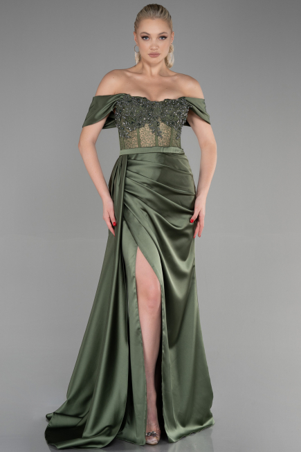 Oil Green Long Satin Evening Dress ABU3446