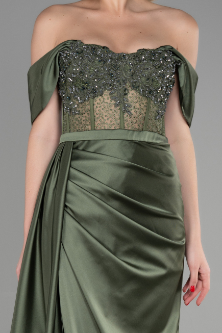 Oil Green Long Satin Evening Dress ABU3446