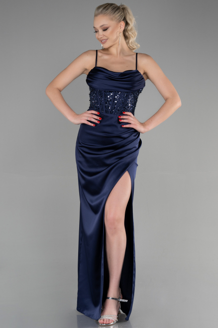 Long Navy Blue Satin Evening Dress ABU3459