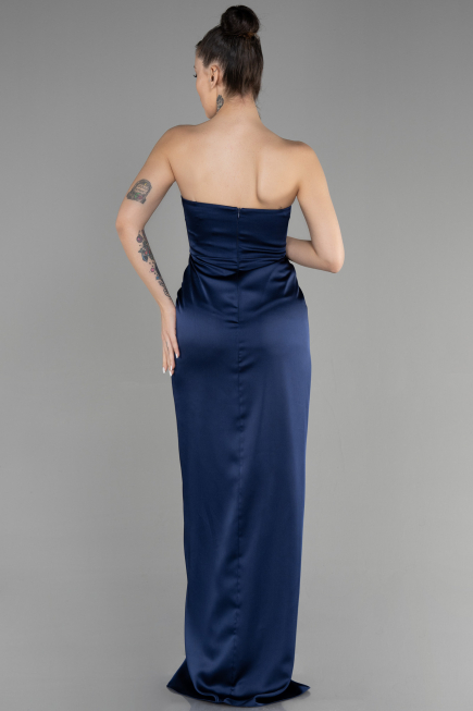 Long Navy Blue Satin Prom Gown ABU3474
